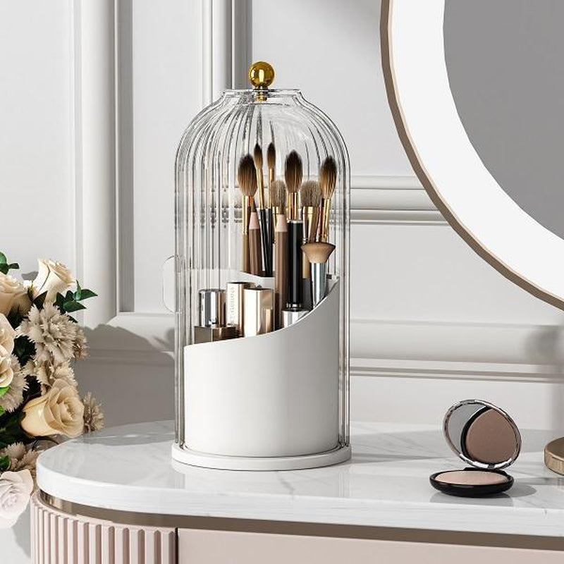 360° Rotating Cosmetic Brush Storage Basket, Makeup Brush Holder Organizer with Clear Dustproof Lid, Multi-Grid Countertop Makeup Storage Box, Tooth Brush Toothpaste Holder, Desktop Makeup Organizer for Vanity Dresser Bathroom & Office, Beauty Organiser