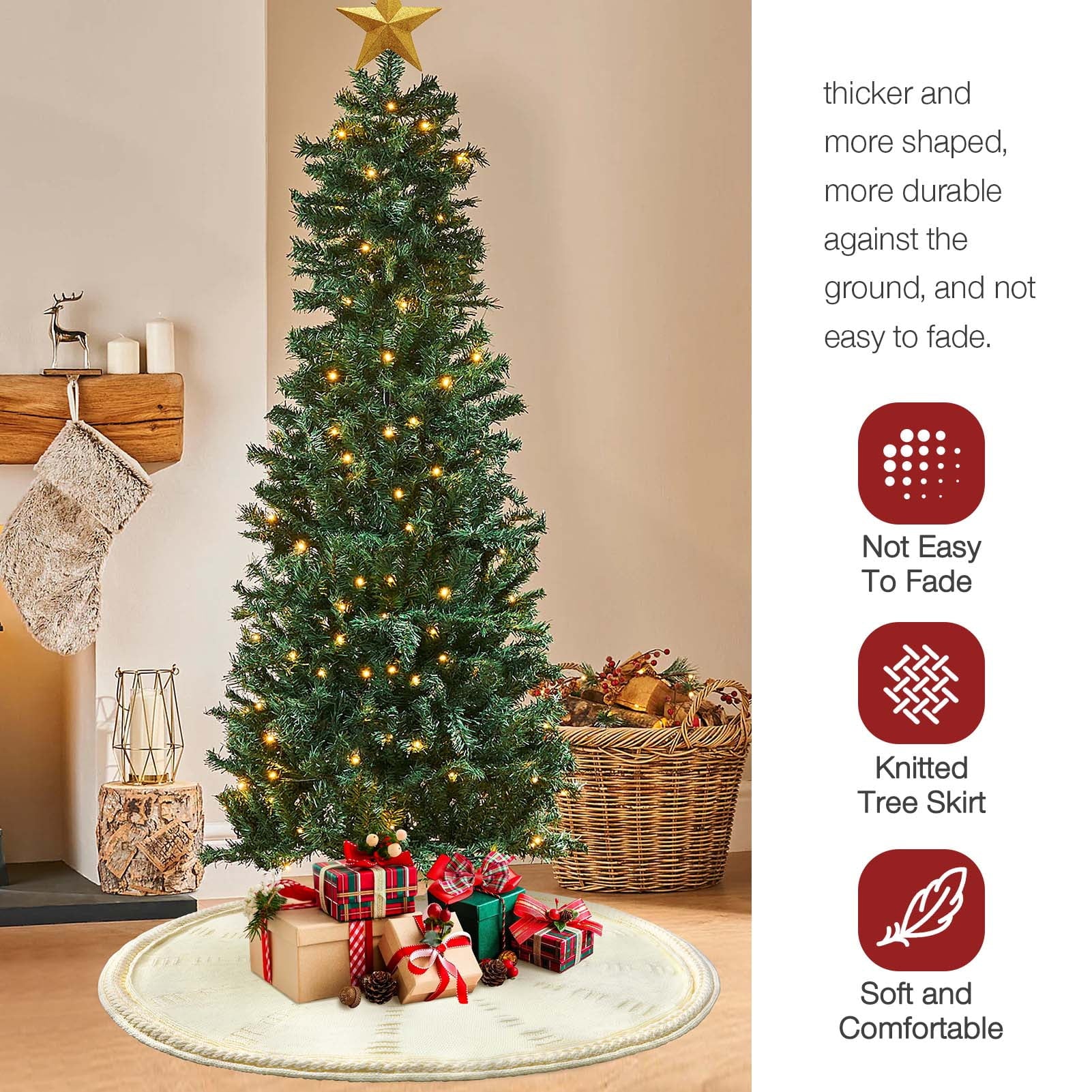 Christmas Tree Skirt, 48 Inches Red Tree Skirt Luxury Cable Knit Knitted Thick Rustic Xmas Tree Skirt Decoration, Cream