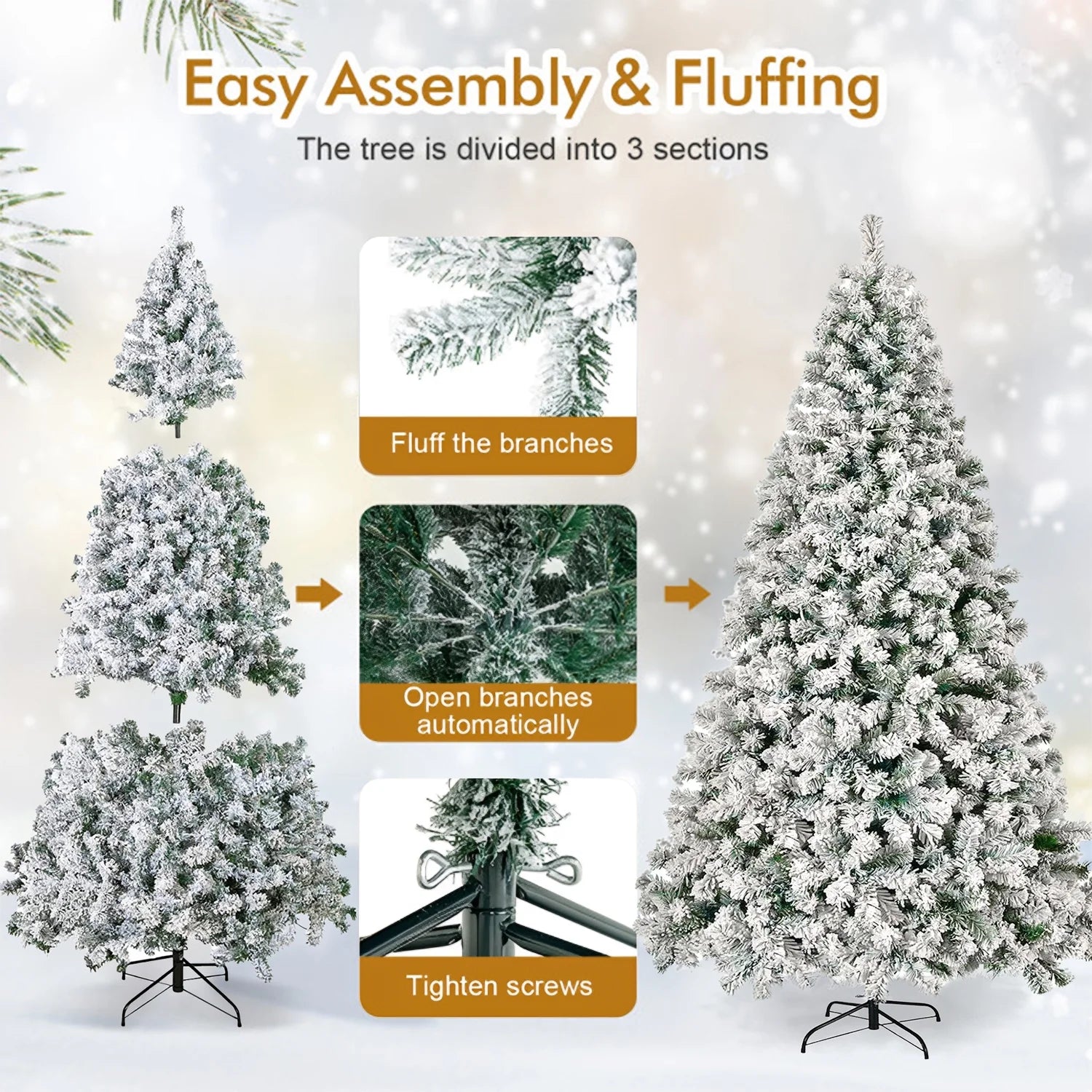 6Ft Snow Flocked Hinged Artificial Christmas Tree, White