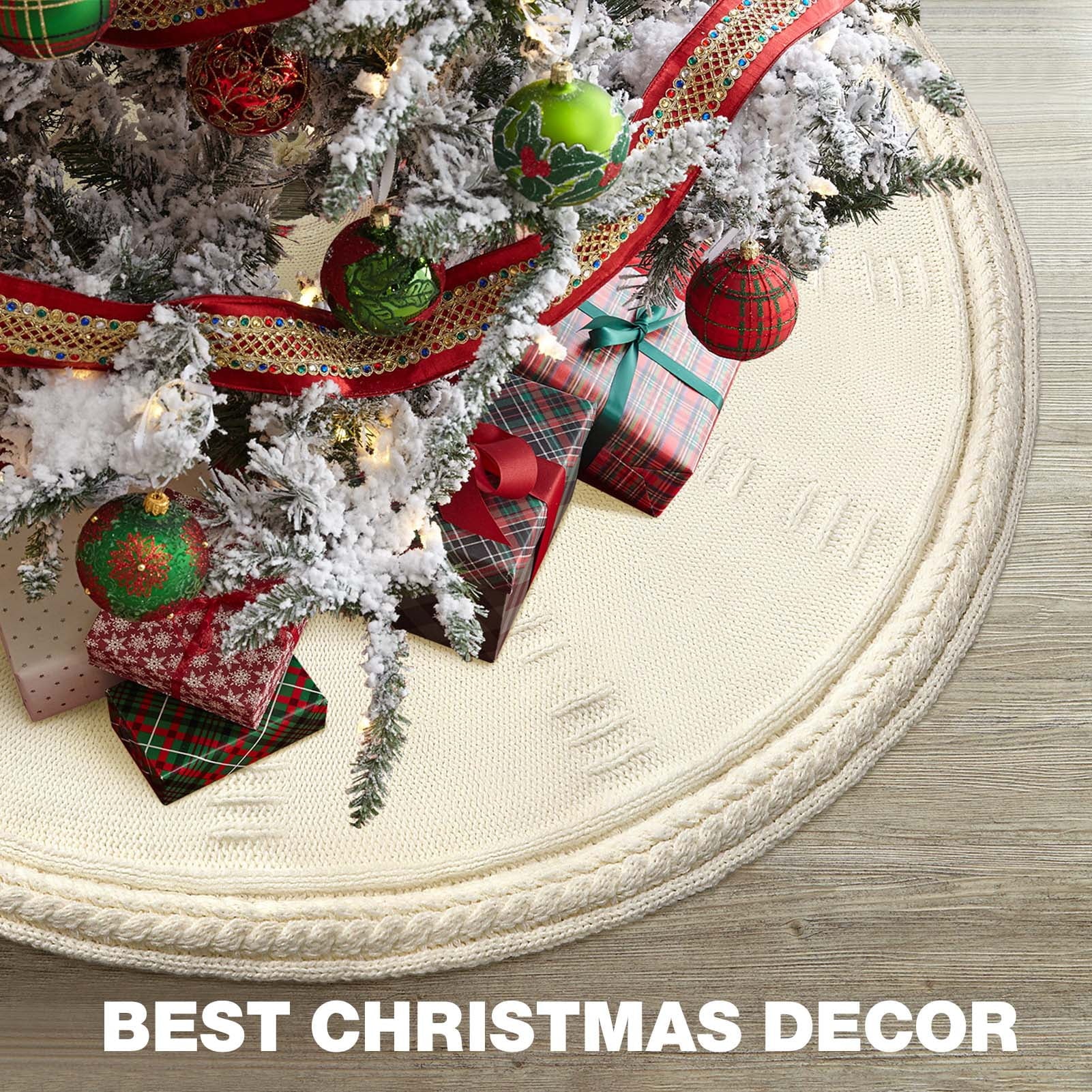 Christmas Tree Skirt, 48 Inches Red Tree Skirt Luxury Cable Knit Knitted Thick Rustic Xmas Tree Skirt Decoration, Cream