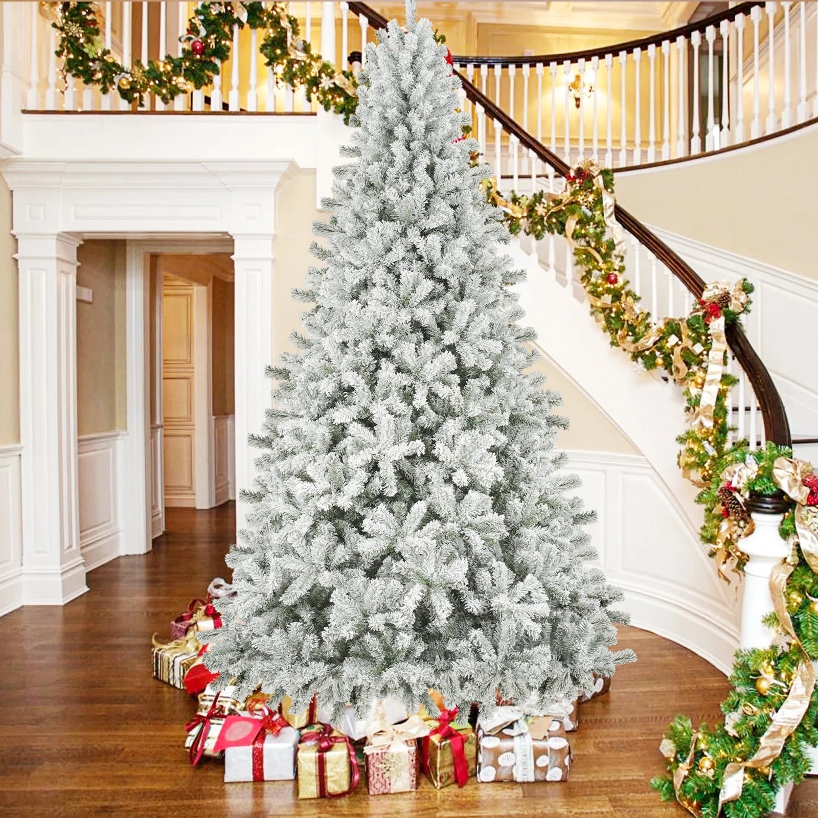 9Ft Snow Flocked Christmas Tree with 2028 Tips, Artificial Snowy Xmas Pine Tree with Reinforced Metal Base for Home Office Party Holiday Decorations ,White(No Light)