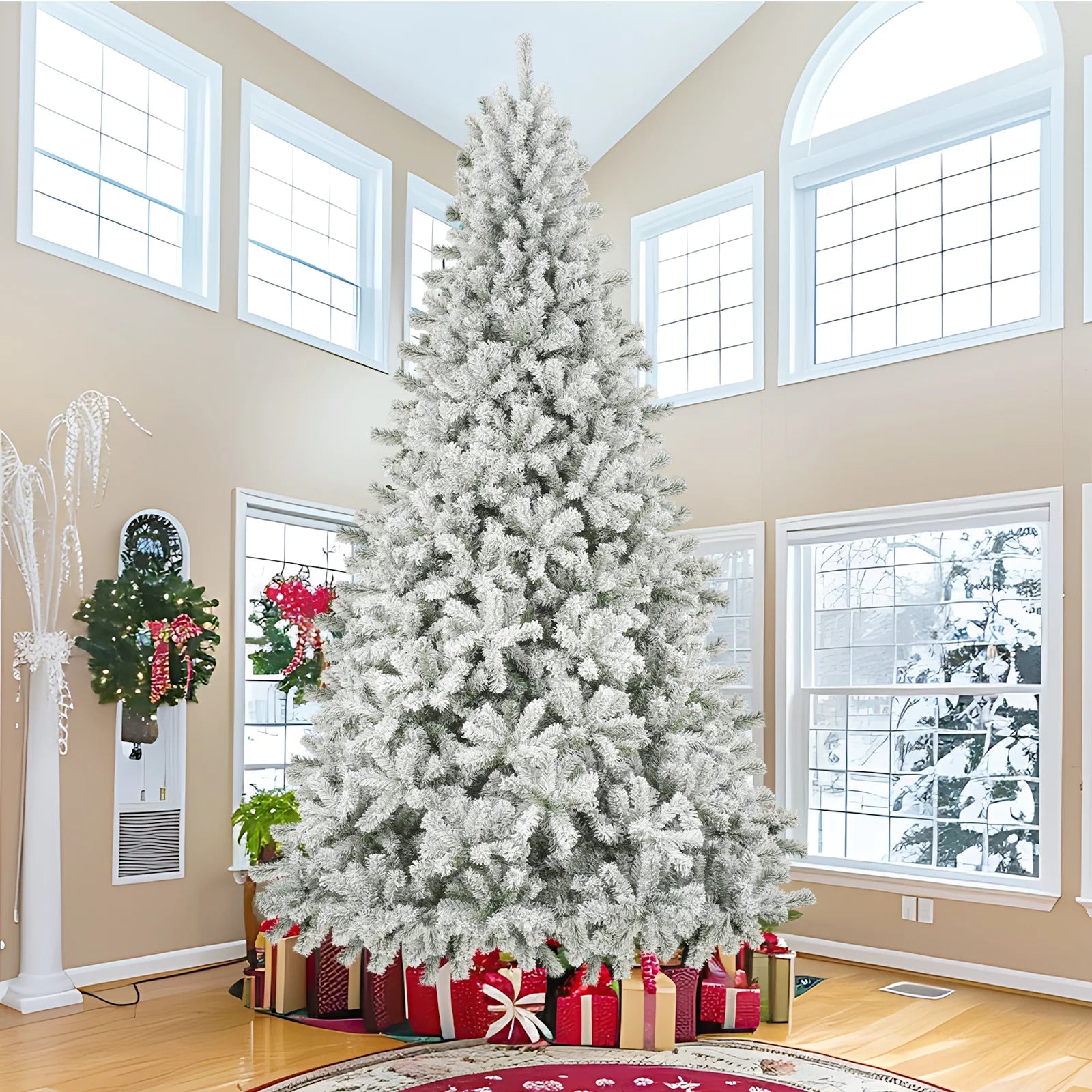 9Ft Snow Flocked Christmas Tree with 2028 Tips, Artificial Snowy Xmas Pine Tree with Reinforced Metal Base for Home Office Party Holiday Decorations ,White(No Light)