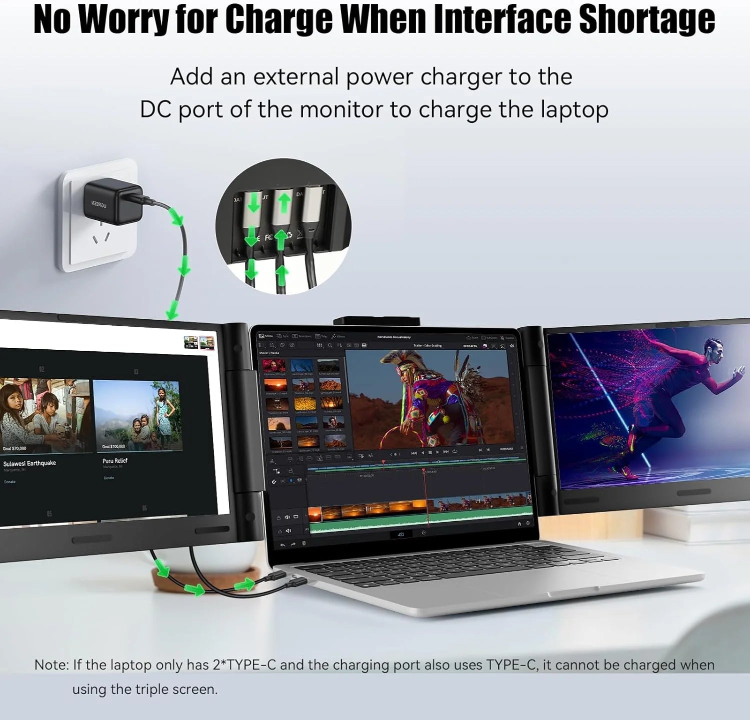 14" 1080P IPS Laptop Screen Extender | 280° Rotatable Portable Monitor, Plug & Play, Fits 13-17.3" Laptops, Compatible with Windows/Mac/Android/Chrome(Type-C/Usb Interfaces, Requires DP)