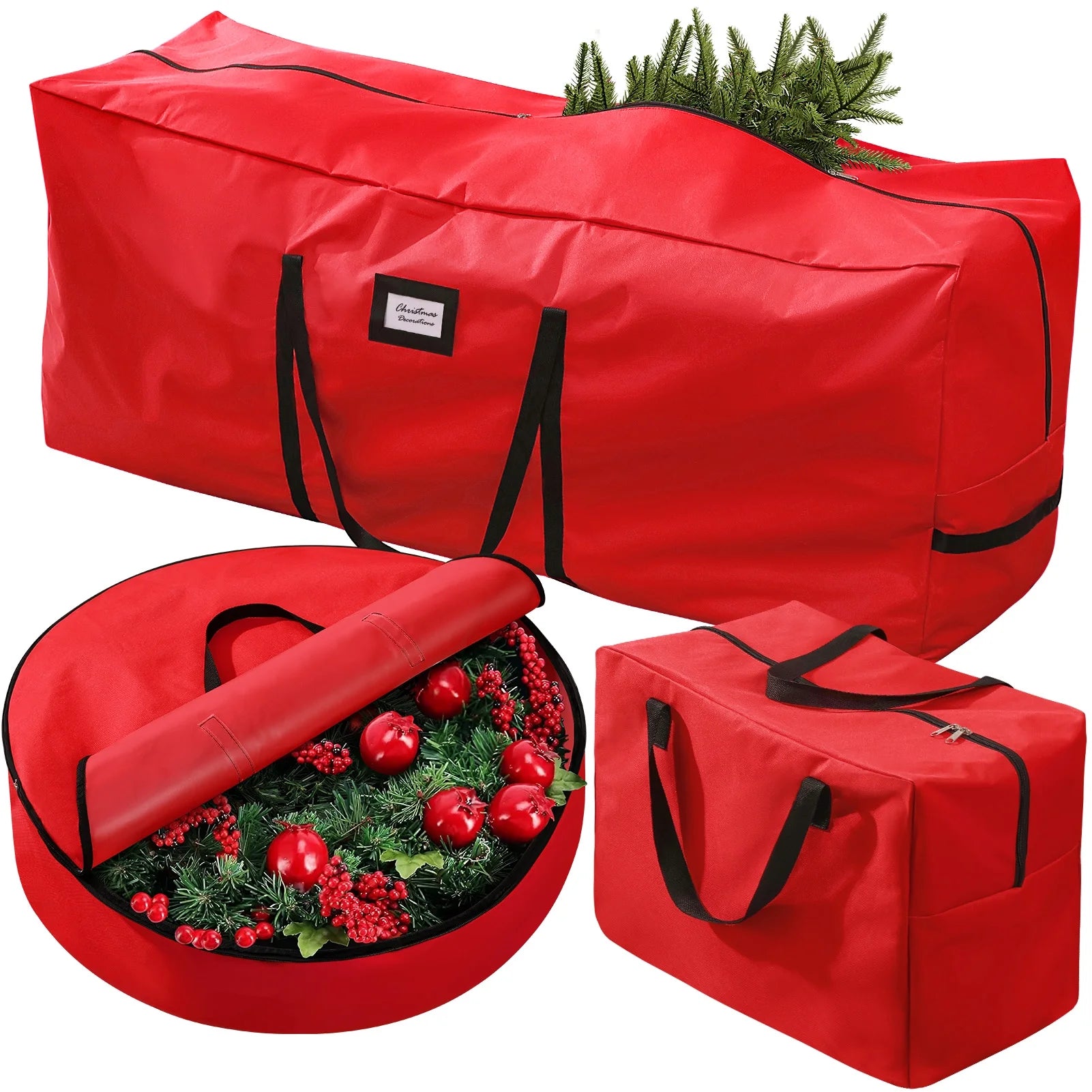 3Pcs Christmas Tree Storage Bag, Christmas Tree Bag for 7.5 FT Artificial Trees, Durable Waterproof with Reinforced Carrying Handles (Red)
