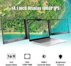 14" 1080P IPS Laptop Screen Extender | 280° Rotatable Portable Monitor, Plug & Play, Fits 13-17.3" Laptops, Compatible with Windows/Mac/Android/Chrome(Type-C/Usb Interfaces, Requires DP)