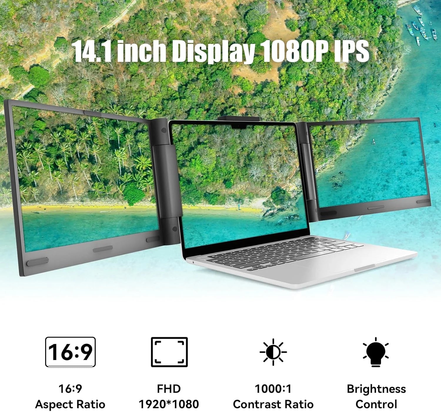 14" 1080P IPS Laptop Screen Extender | 280° Rotatable Portable Monitor, Plug & Play, Fits 13-17.3" Laptops, Compatible with Windows/Mac/Android/Chrome(Type-C/Usb Interfaces, Requires DP)