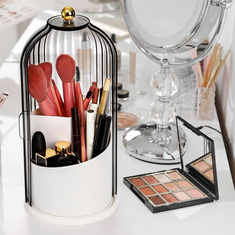 360° Rotating Cosmetic Brush Storage Basket, Makeup Brush Holder Organizer with Clear Dustproof Lid, Multi-Grid Countertop Makeup Storage Box, Tooth Brush Toothpaste Holder, Desktop Makeup Organizer for Vanity Dresser Bathroom & Office, Beauty Organiser