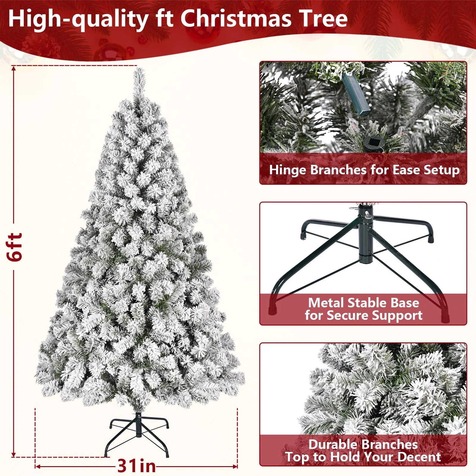 6Ft Snow Flocked Hinged Artificial Christmas Tree, White