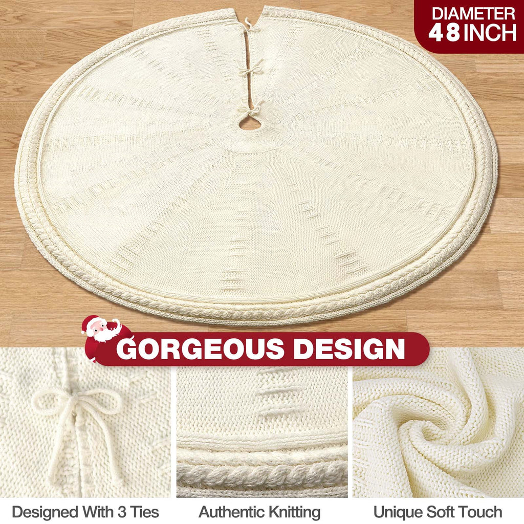 Christmas Tree Skirt, 48 Inches Red Tree Skirt Luxury Cable Knit Knitted Thick Rustic Xmas Tree Skirt Decoration, Cream