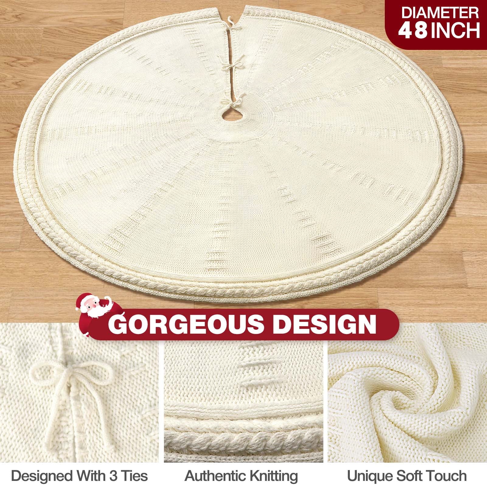 Christmas Tree Skirt, 48 Inches Red Tree Skirt Luxury Cable Knit Knitted Thick Rustic Xmas Tree Skirt Decoration, Cream