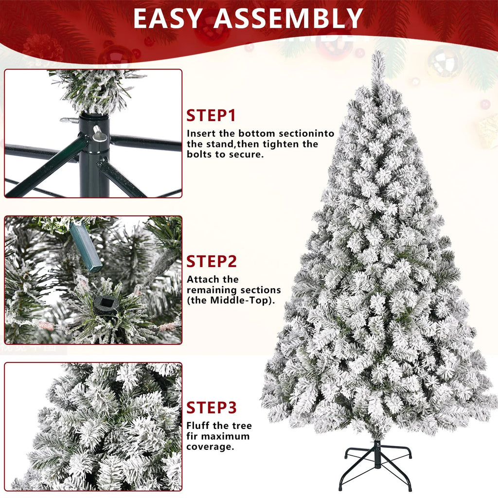 6Ft Snow Flocked Hinged Artificial Christmas Tree, White