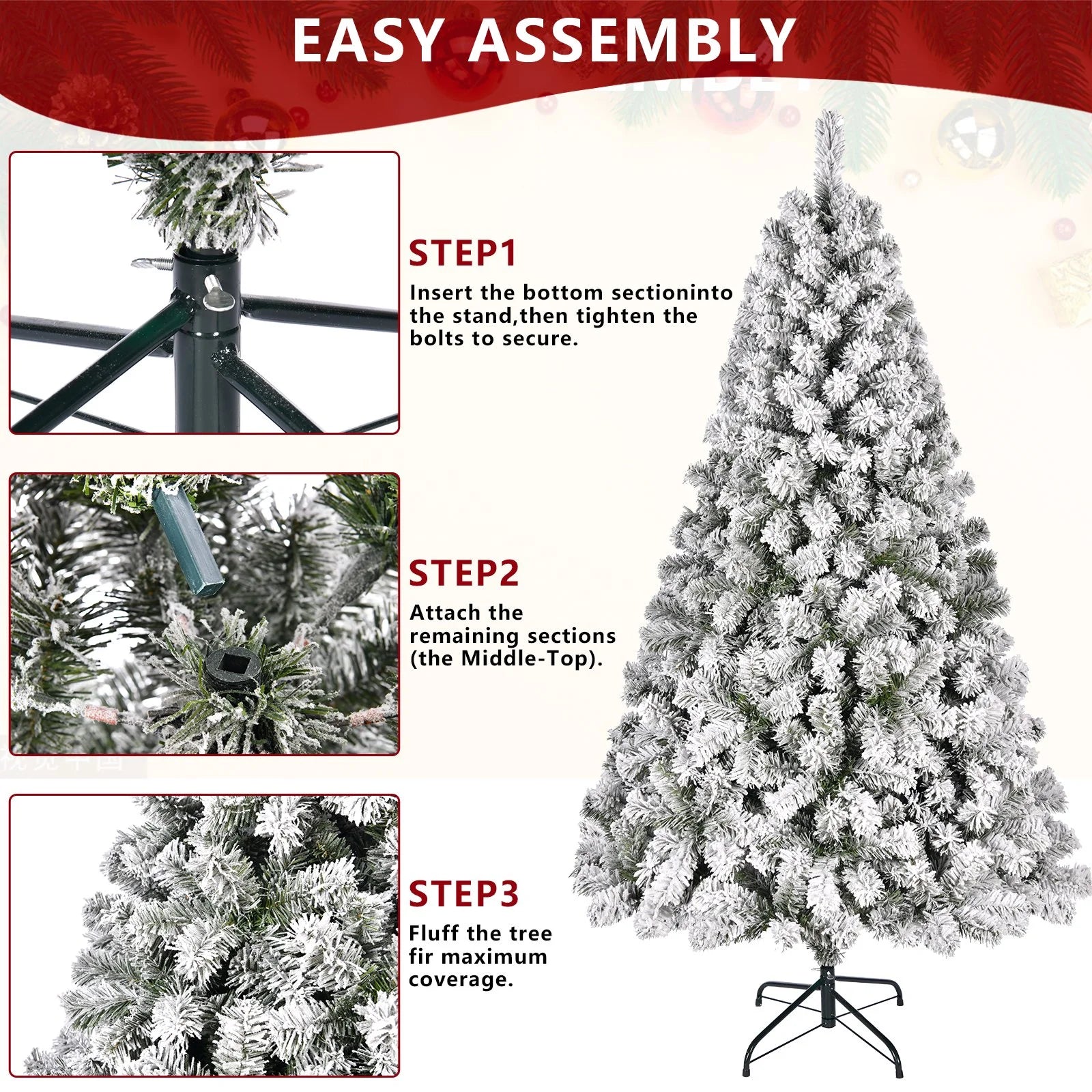 6Ft Snow Flocked Hinged Artificial Christmas Tree, White