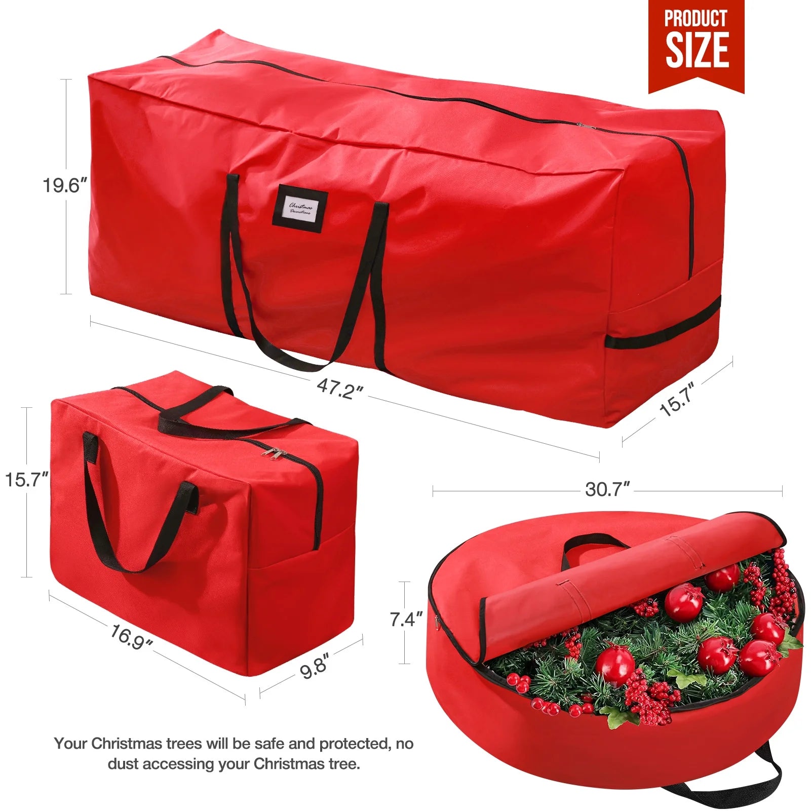 3Pcs Christmas Tree Storage Bag, Christmas Tree Bag for 7.5 FT Artificial Trees, Durable Waterproof with Reinforced Carrying Handles (Red)