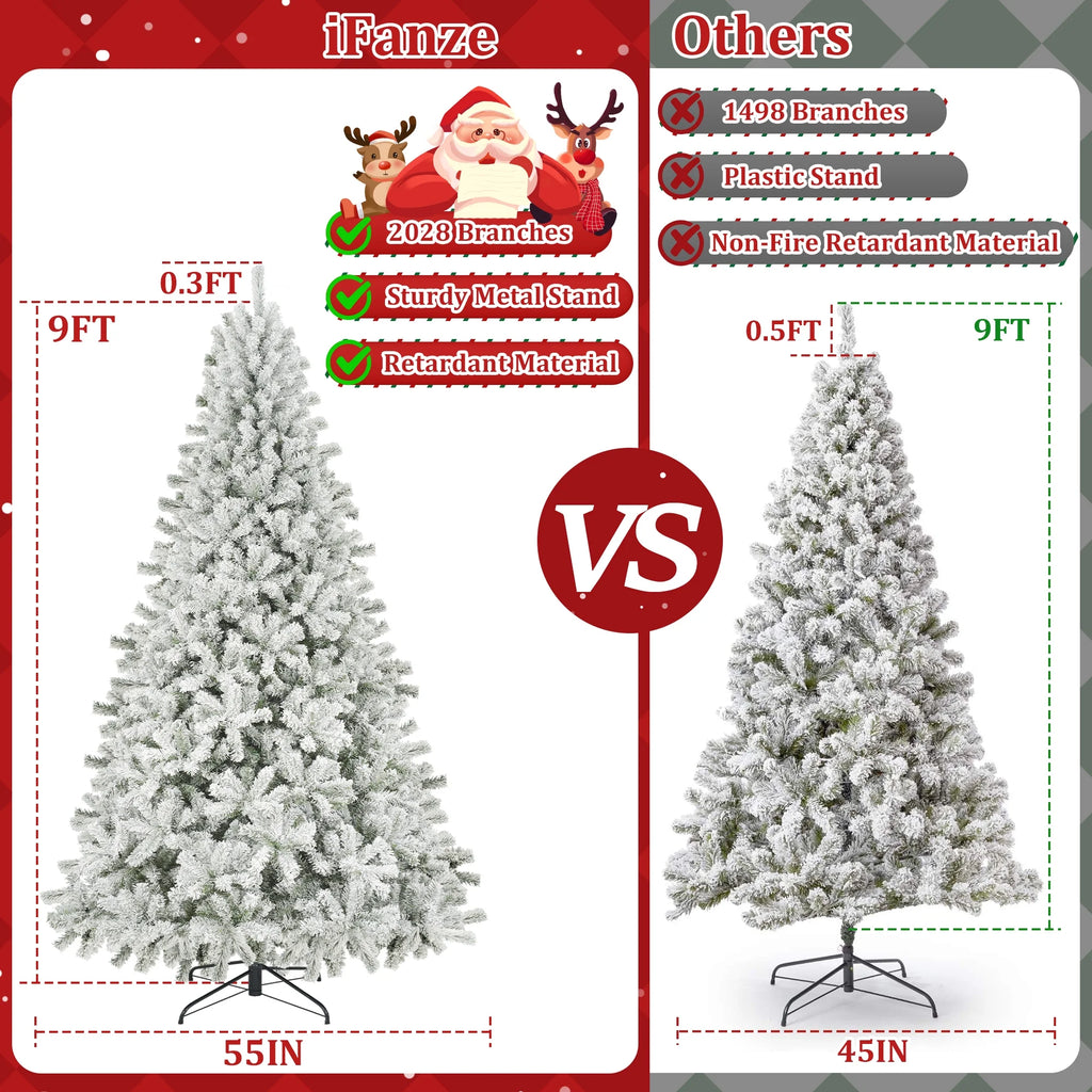 9Ft Snow Flocked Christmas Tree with 2028 Tips, Artificial Snowy Xmas Pine Tree with Reinforced Metal Base for Home Office Party Holiday Decorations ,White(No Light)