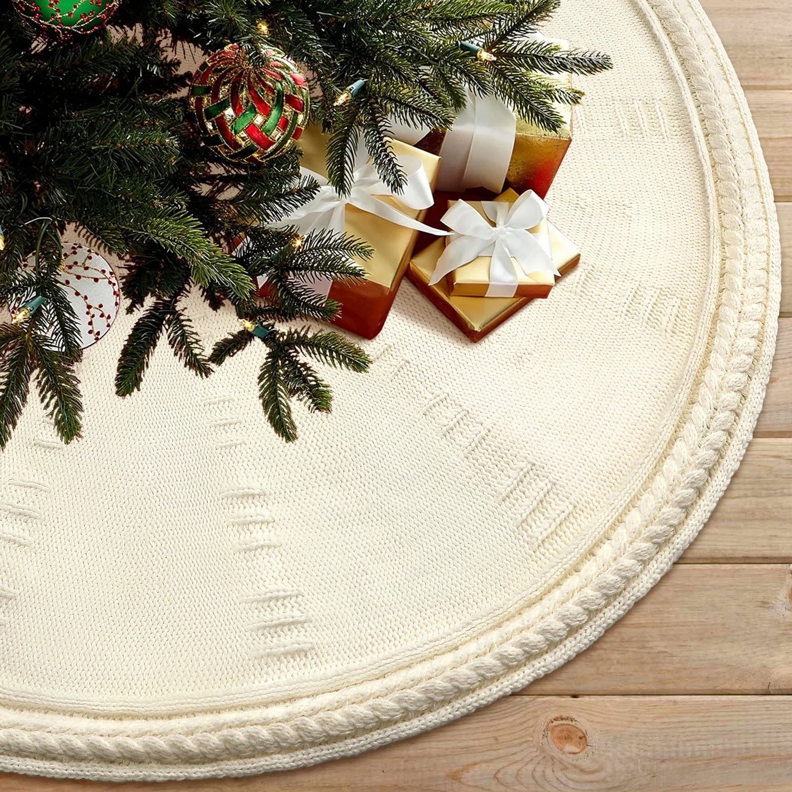 Christmas Tree Skirt, 48 Inches Red Tree Skirt Luxury Cable Knit Knitted Thick Rustic Xmas Tree Skirt Decoration, Cream